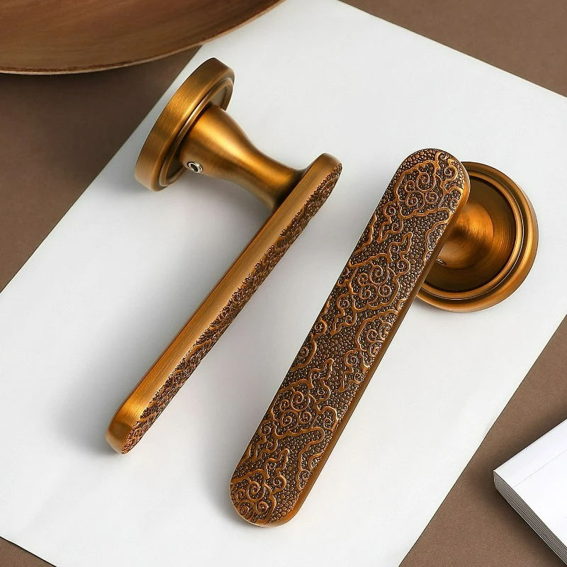 Retro Style Yellow Antique Copper Zinc Alloy Door Lock Universal Silent/magnetic Suction Bedroom Office Split Handle Lock