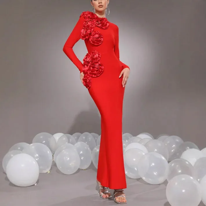 

Женское осеннее платье 2024, новое высококачественное модное женское вечернее платье с круглым вырезом и 3D цветами, элегантное вечернее платье с длинными рукавами