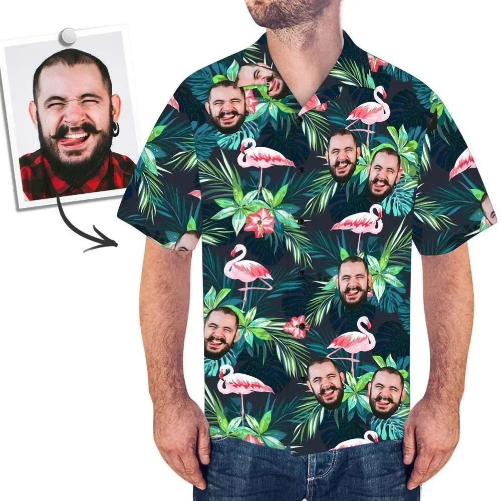 Camisa de rosto com foto personalizada de verão – Camisa havaiana com botão de manga curta com foto personalizada – Melhores presentes para homens – Camisas de festa na praia