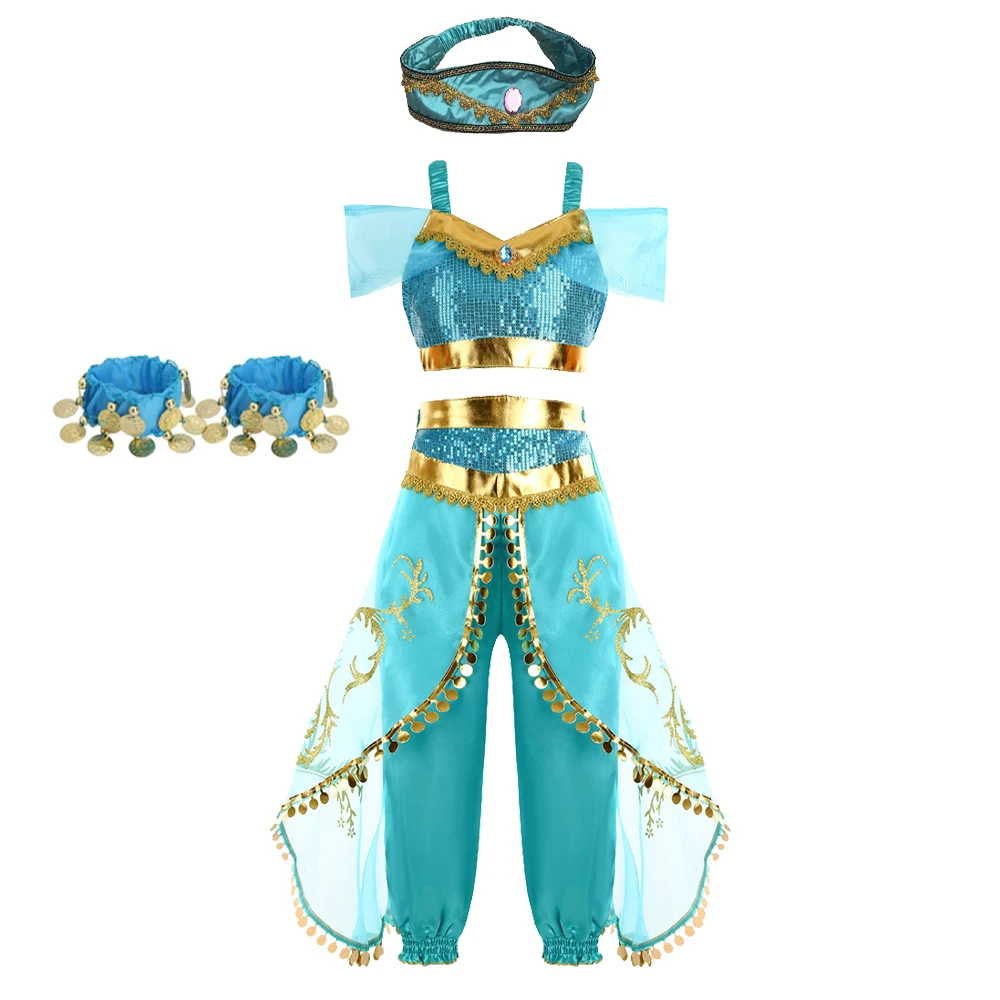 Blaues Arabisches Prinzessinnen-Kostümset mit Halskette, Ohrringen und Kopfschmuck für Halloween, Weihnachten, Karneval, Party, als Kostüm oder Geschenk – Detail 8