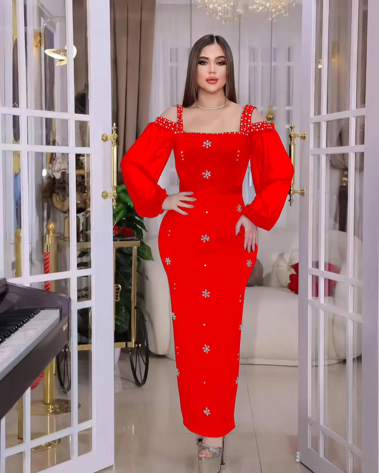 

Бандажное бальное платье с открытыми плечами и блестками-снежинками, жемчугом, украшением, длинными пышными рукавами для торжественного вечернего роскошного платья