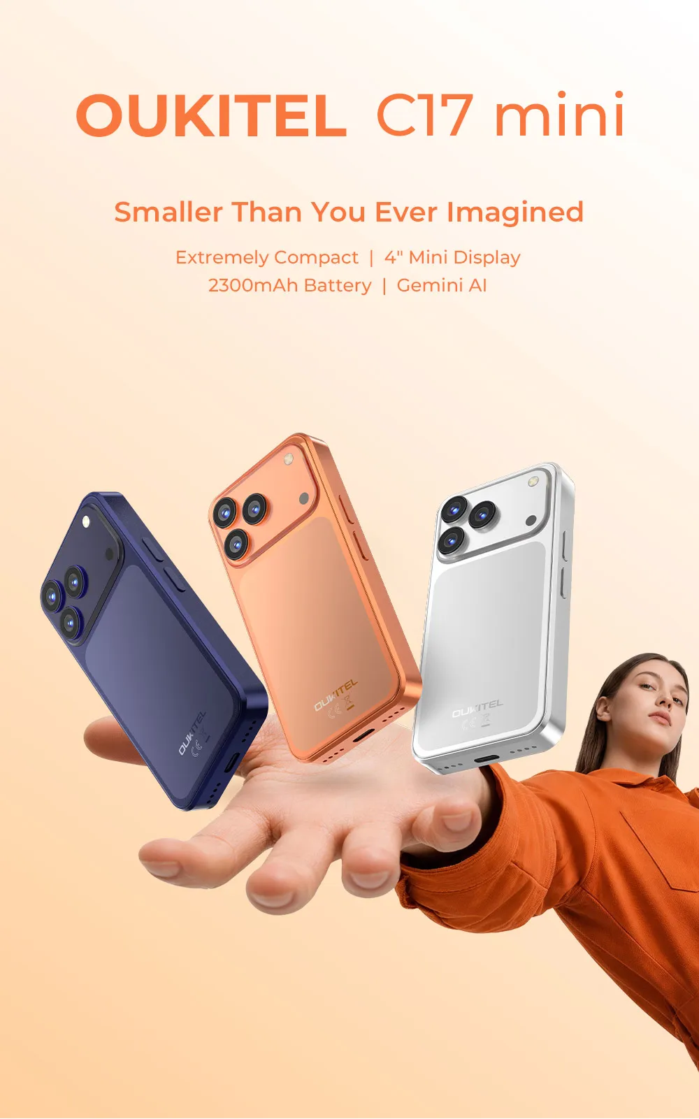 OUKITEL C17 mini Mini Smartphone, Up to 12GB RAM (3+9) + 32GB ROM, Ultra Compact Pocket Small Phone, 4" Mini Display, 2300mAh Battery, Gemini AI, Unlocked Android Mobile Phone