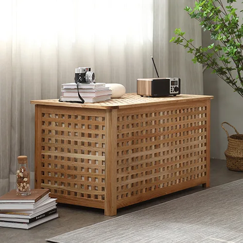 Large solid wood mesh storage box with lid, storage finishing, sitting box stool, laundry basket, coffee table