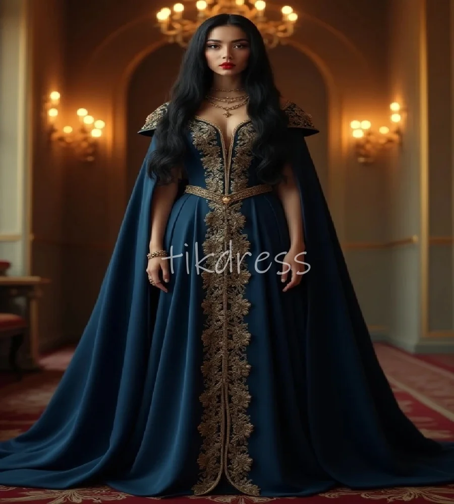 

Navy Medieval Gothic Prom Dress With Cape Appliques Lace Baroque Period Evening Dress Statement-making Formal DressCustomized