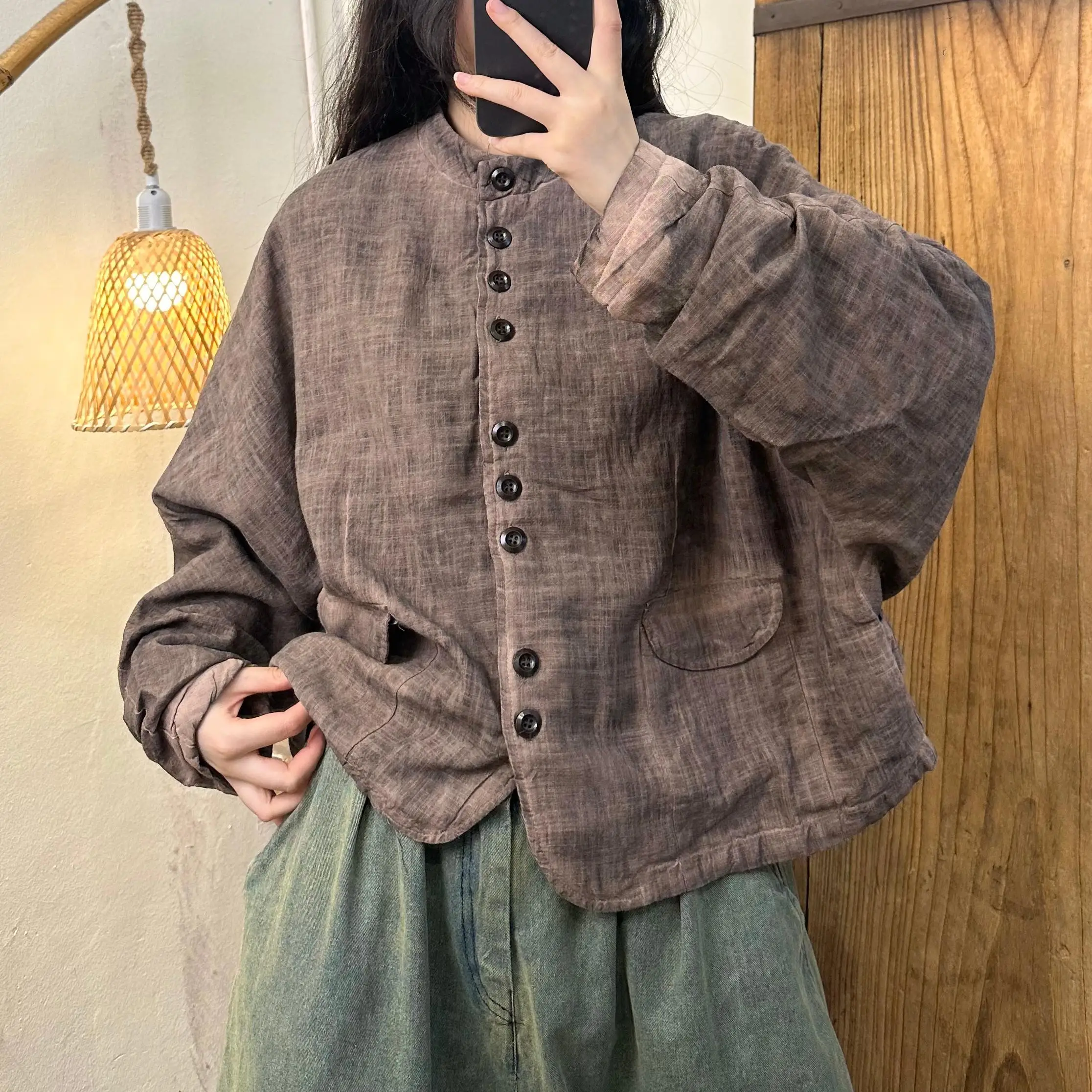 

2024 Autumn New Dirty Wash Old Series Buckle Coat Women Linen Clip Thin Cotton Jacket LX2183