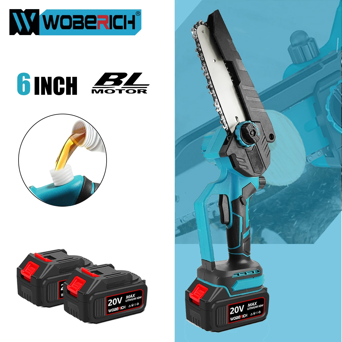 

WOBERICH Brushless 6 Inch Mini Powerful Cordless Electric Chain Saw Woodworking Handheld Pruning Chainsaw Garden Cutting Tool