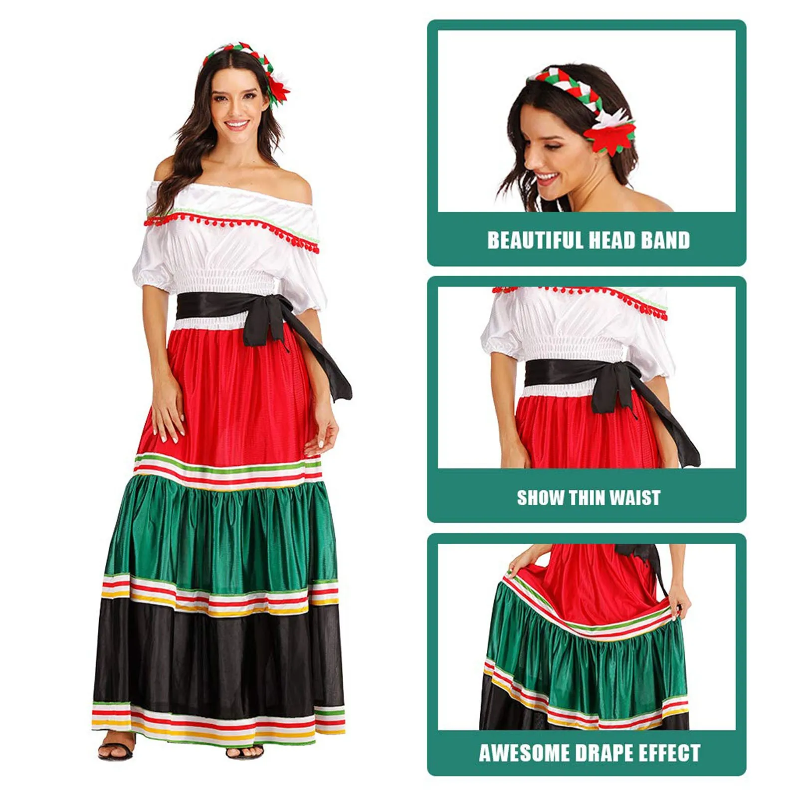 Halloween Costume Mexican Dress Adult Traditional Senorita Dance Elegant Off Shoulder Dresses Casual Summer Color Block Dress