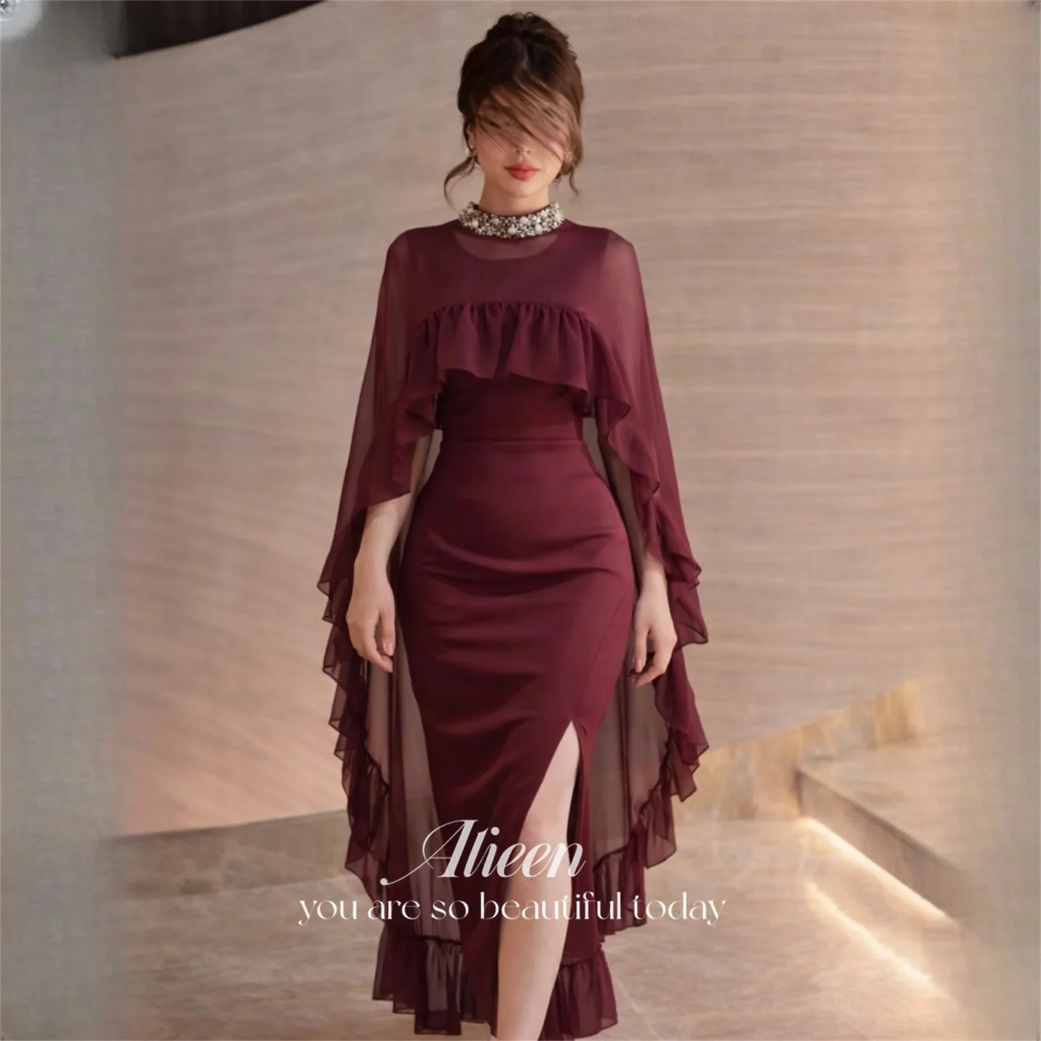 

Aileen Chiffon High Neck Burgundy Trumpet/Mermaid Evening Dress 2026 Short Tea-Length Prom Dress Formal Evening Customized