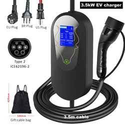 16A 3.5KW Type2 EV Charger electric vehicle Charging Cable 3.5m Schuko EU US BR Plug Wallbox gbt Portable Electric Car Charger