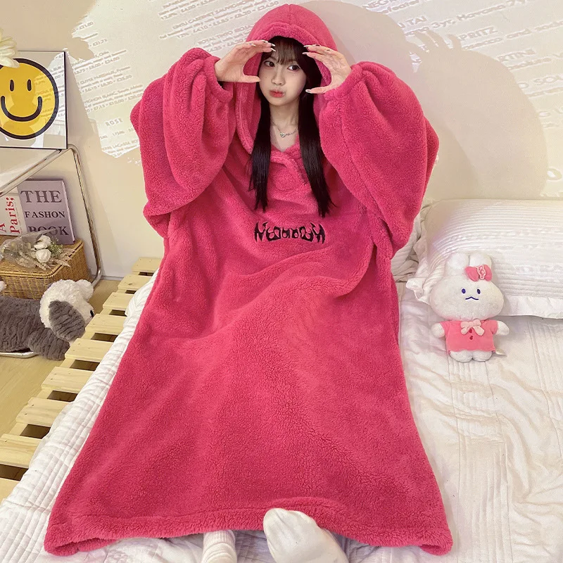 winter girl pajamas thicken flannel long style nightdress leisure keep warm comfortable homewear Extra long version hooded robe