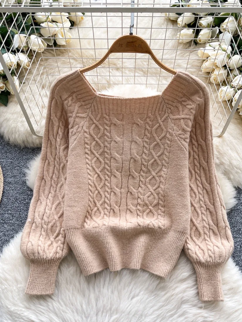 Foamlina Lazy Relaxed Style Knit Square Neck Sweater Women Winter Twist Loose Flattering Design Sense Elegant Casual Sweater Top