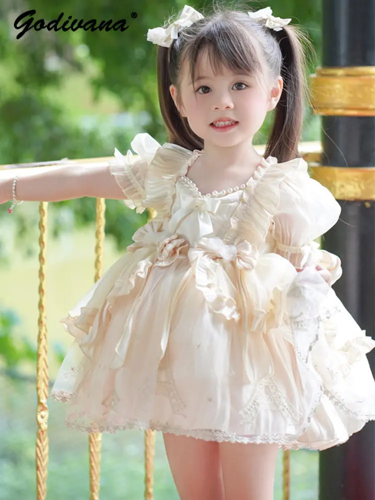 High End Baby Girls Lolita Princess Tutu Dress Kids Summer New Sweet Short-sleeve Pearls Collar Bow Tulle Birthday Party Gown