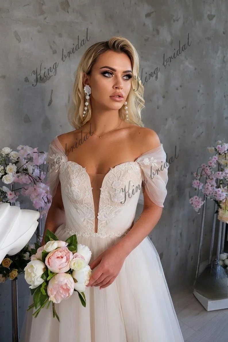 Unique A Line Wedding Dress with Sexy Deep V Neck Tulle Floral Lace Fairy Wedding Dress. Modern Bridal Lace-up Corset Ball Gown