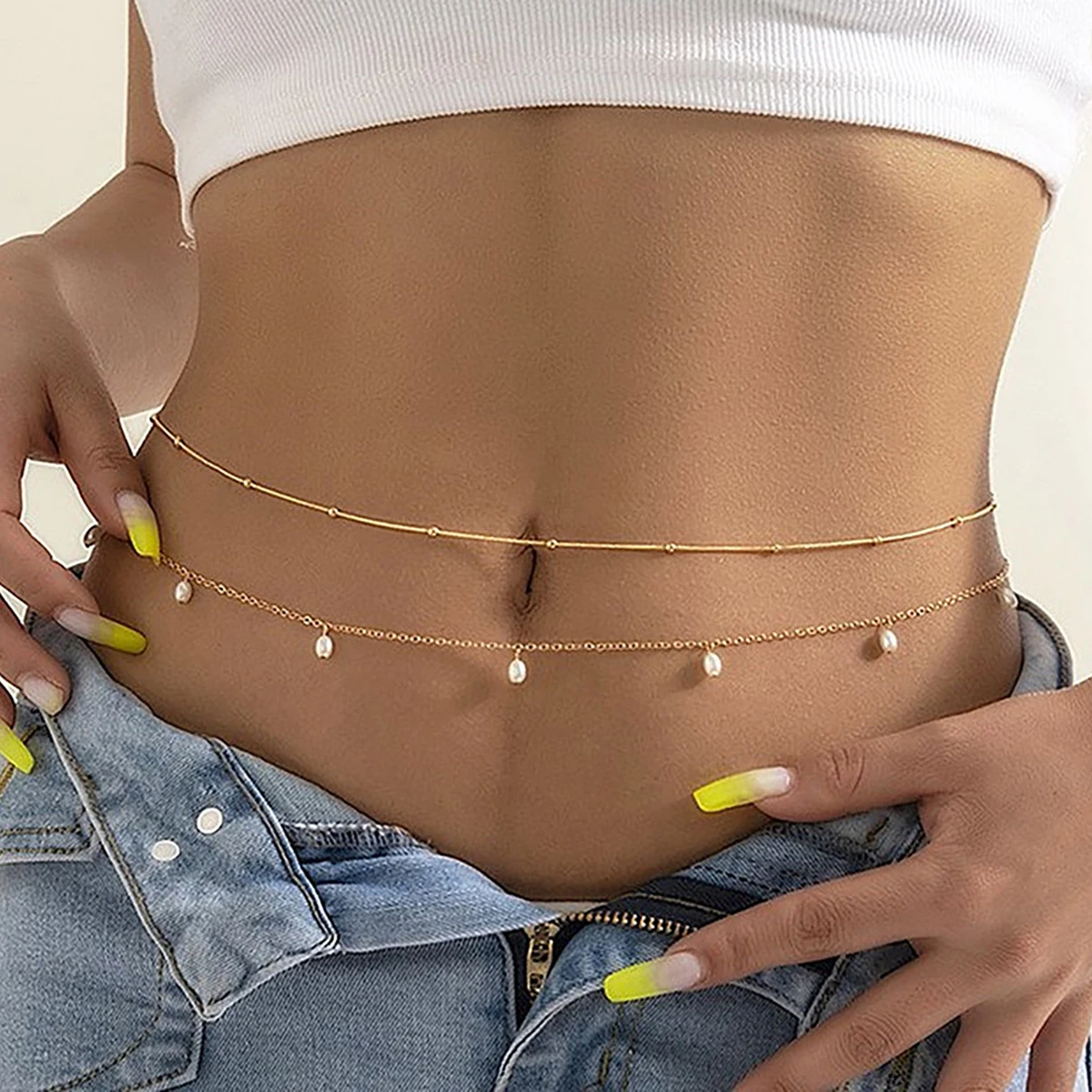 الرجعية بسيطة طبقة مزدوجة رقيقة الخصر سلسلة موضة تقليد اللؤلؤ قلادة البطن سلسلة المرأة مثير الصيف الجسم سلسلة مجوهرات