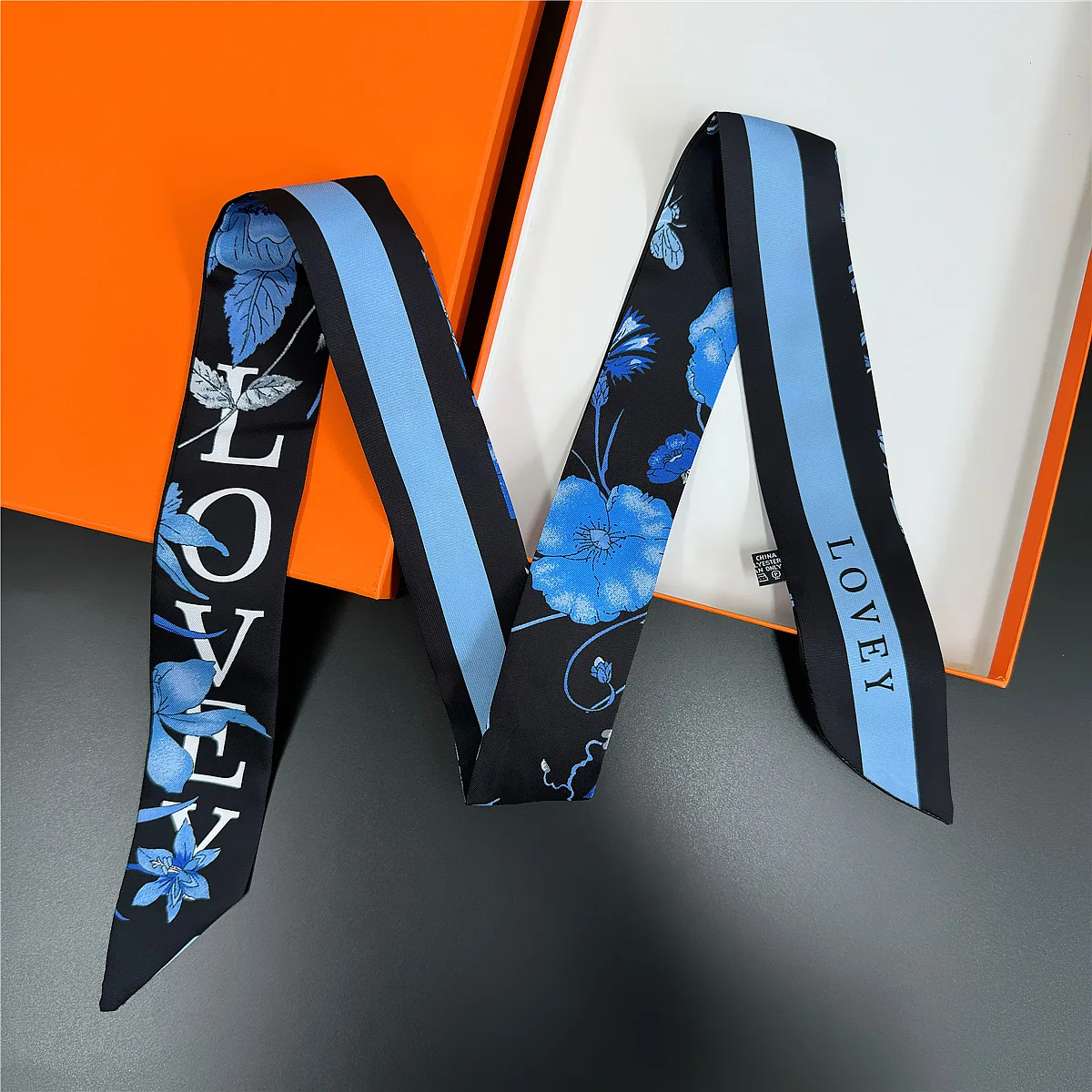 Elongated solid color floral Twill Silk Scarf Women Fashion Luxury Skinny Bag Scarves Design Foulard Neckerchief Hair Headband