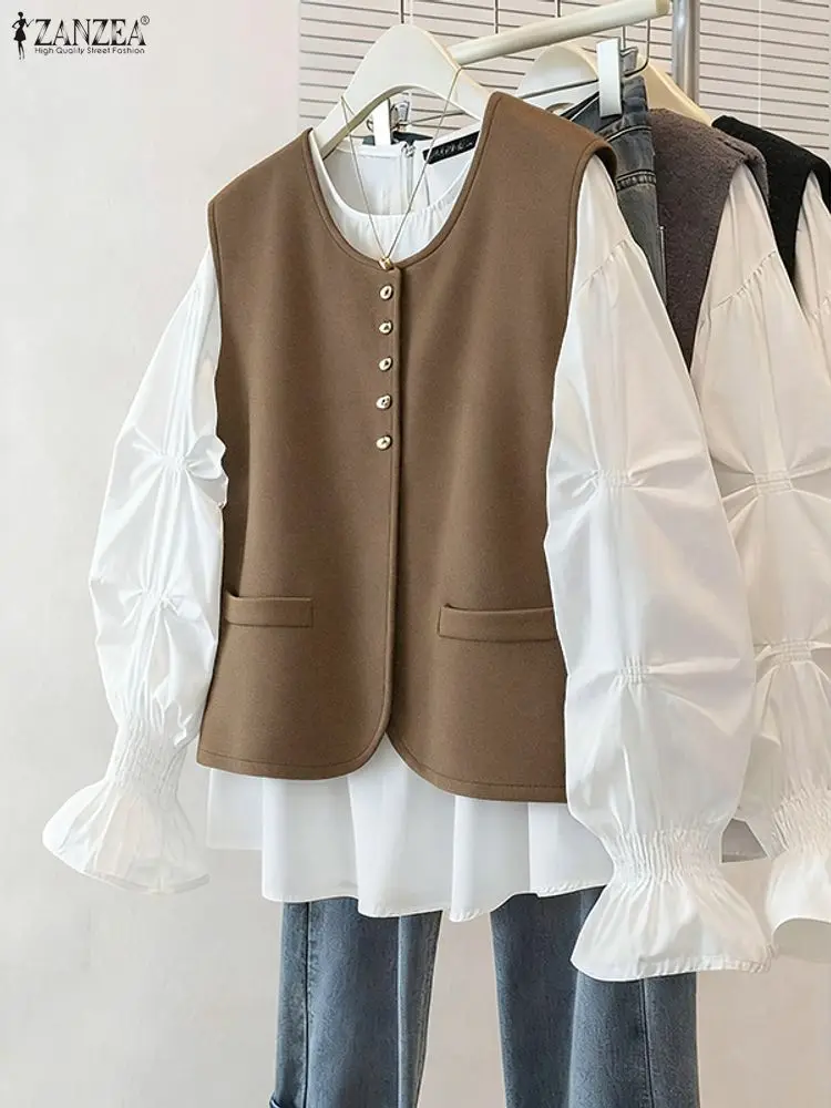 

ZANZEA Women Vests Shirts Long Sleeve Blouses 2025 Fashion Patchwork Casual Loose Tops Autumn Round Neck Lantren Sleeve Blusas