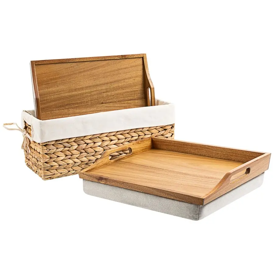

Acacia Wood Bed Tray, Lap Desk Set of Two with Hyacinth Storage Basket Natural Fits up to 15.6 Inch Laptops Style No. 70106