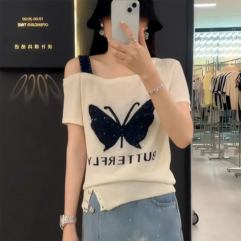 

Women Summer Fashion Loose Appear Thin Printing Off Shoulder Short Sleeve T-Shirt Ladies Simplicity All-match Temperament Tops