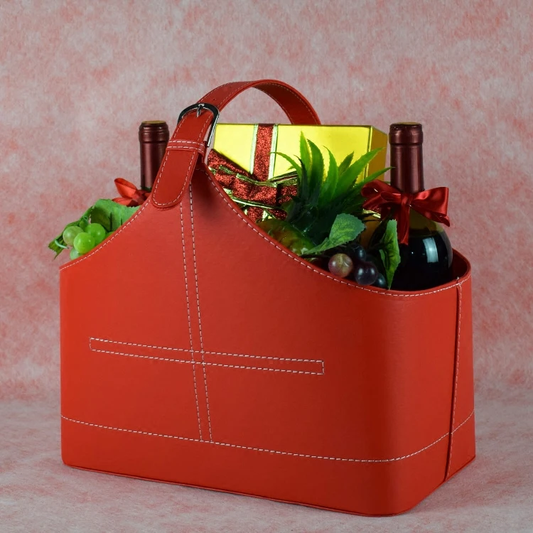 سلة تخزين هدايا جلدية، سلة فواكه محمولة باليد، سلة هدايا عيد الميلاد ومهرجان الربيع، سلة جلدية من النبيذ الأحمر #2