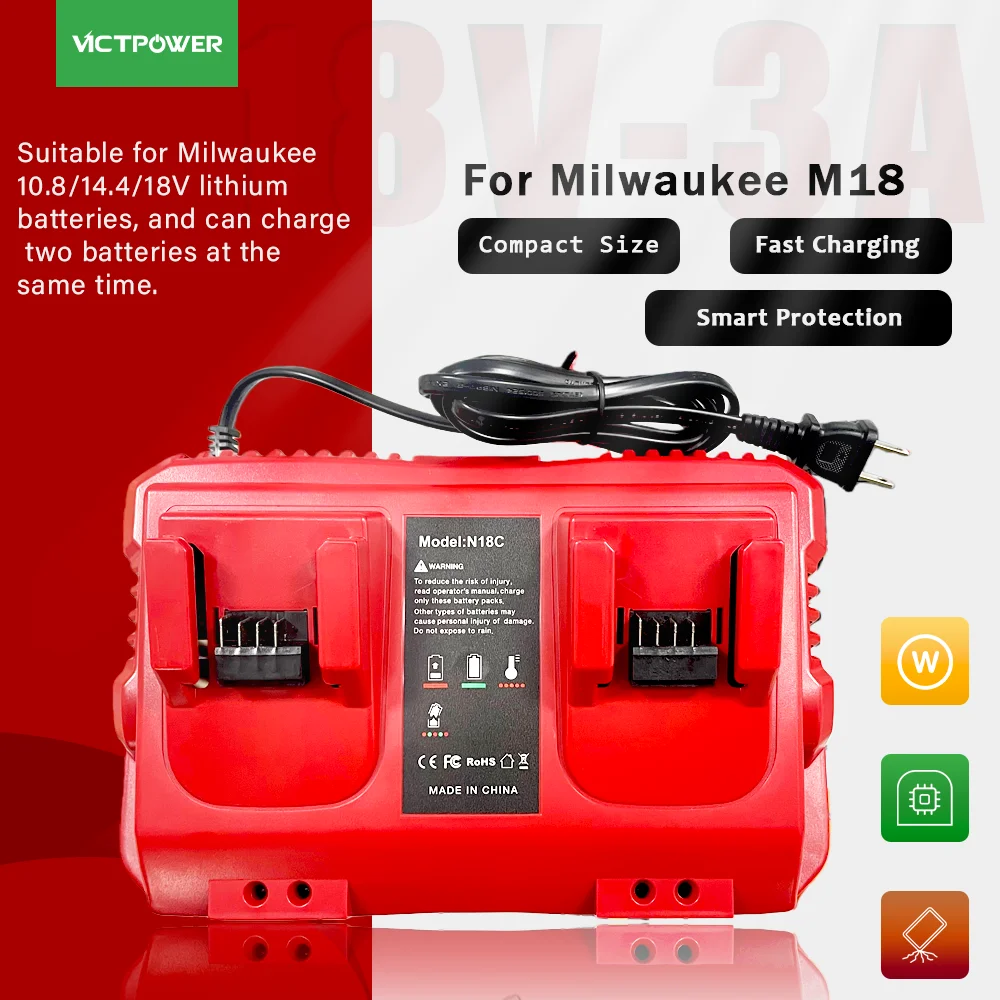 Fast Charger Replacement N18C Battery Charger Station Dual Slot Plastic Charging Base for Mliwaukee 18V Lithium-Ion Batteries