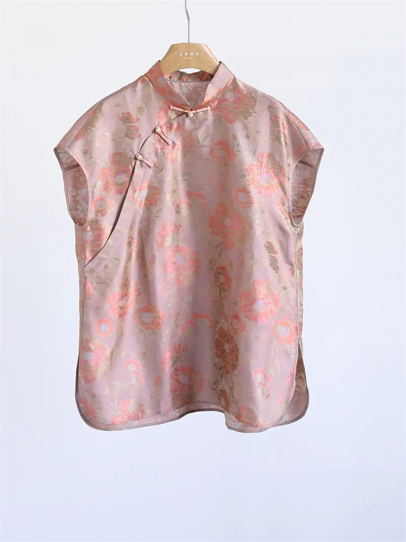 

Elegant Silk Shirt Chinese Style Stand Collar Short Sleeve Floral Embroidery Floating Light Silk Gauze Button Front Blouse