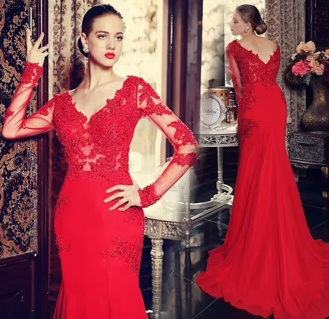 فستان سهرة طويل أنيق من vestidos de festa مصنوع حسب الطلب من الخرز حورية البحر باللون الأحمر وأكمام طويلة