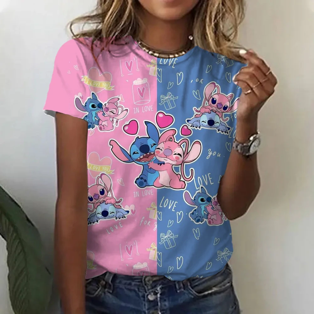 Neues Disney\'s Lilo&Stitch bedrucktes Damen-T-Shirt Sommer Plus Rundhals-Damen-Top, modische, lässige Design-Kleidung