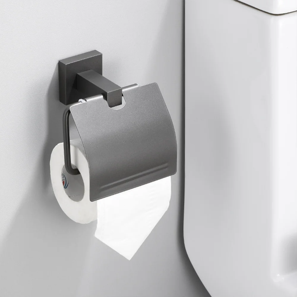 Grey Square Aluminum With Cover Toilet Paper Rack Thick Base Wall Mount Bathroom Tissue Holder Paper Roll Storage Organizer