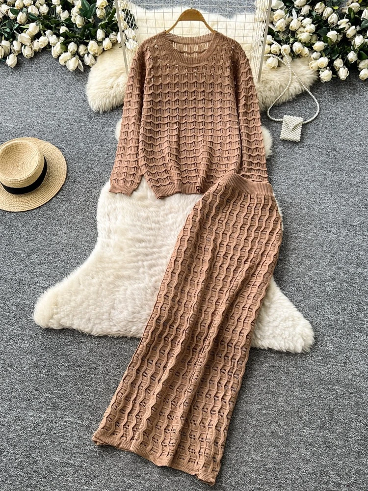

Spring New Solid Color Two Piece Set Women Versatile Commuter Round Neck Loose Pullover+Hollow Out Knitted Slim Half Skirt