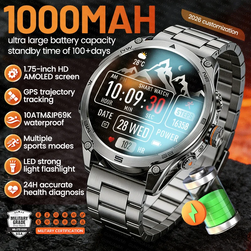 

New Outdoor 1000mAh Large Battery Smart Watch Military GPS 10ATM Waterproof Bluetooth Call 1.75"AMOLED HD Men Sports Smartwatch