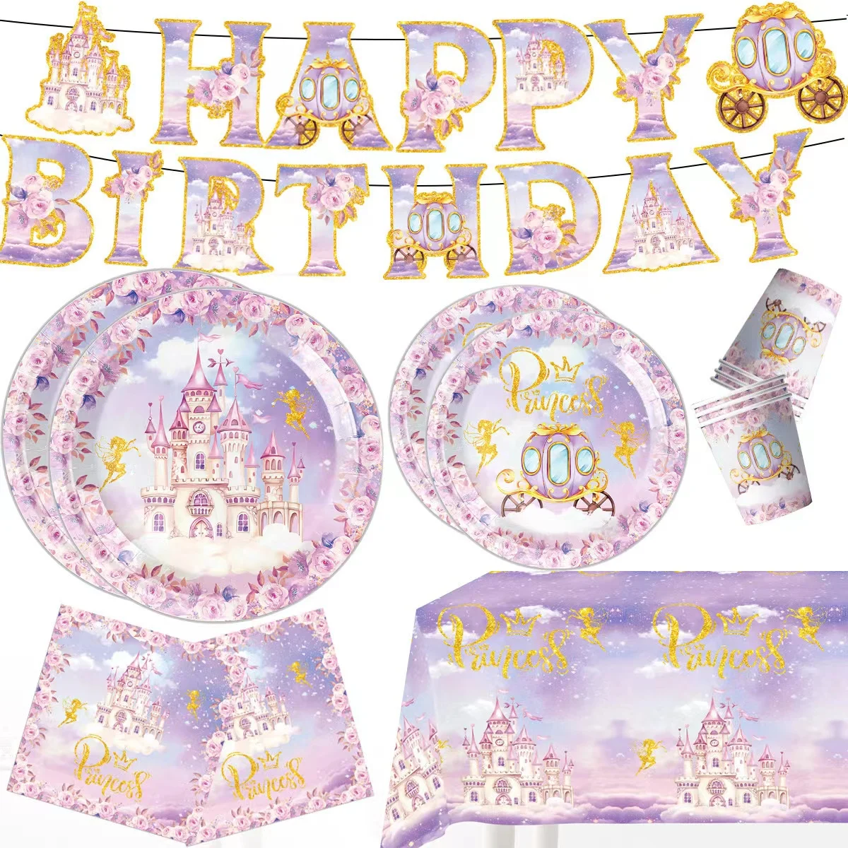 

Purple Princess Castle Theme Birthday Party Decoration Supplies for Girls, Paper Plate, Paper Towel, Paper Cup, Pull Flag, New