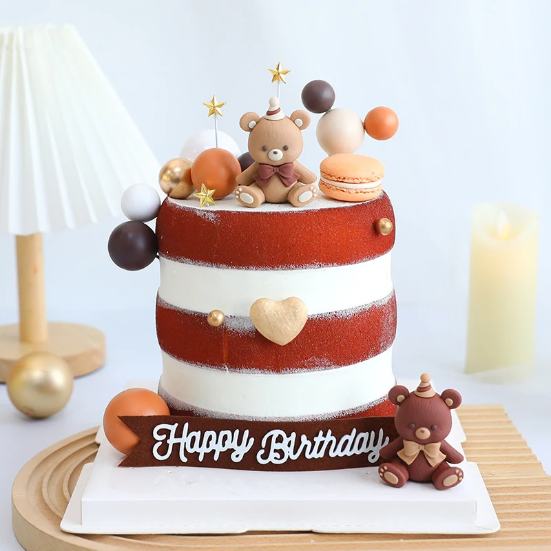 Brown Bow Bear Doll Cake Topper Earth Color Foam Ball Happy Birthday Cake Decorations Baby Shower Lovers Wedding Party Supplies