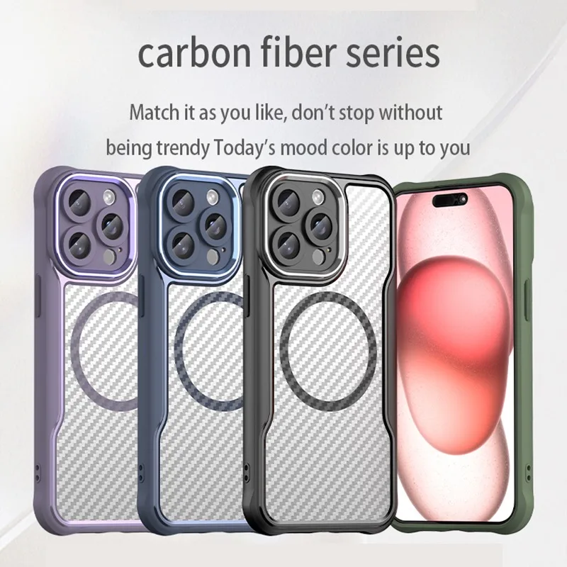 for iPhone 16 15 14 13 Pro Max Plus Case Magnetic for Magsafe Charge Carbon Fiber Texture Clear TPU Cover Protect Camera Shell