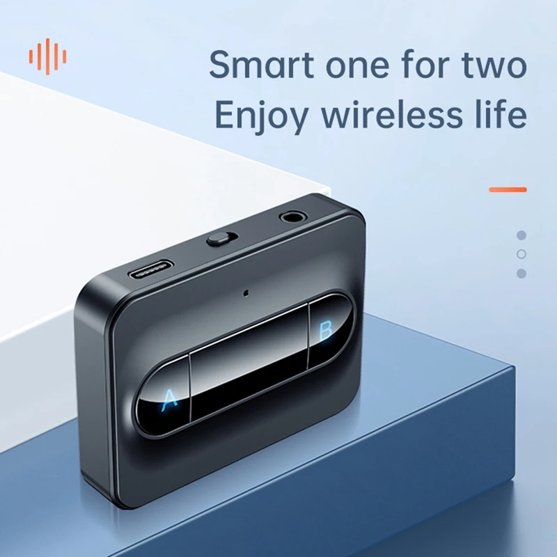 Transmissor de áudio sem fio, Bluetooth 5.0, 3.5mm AUX, baixa latência, estéreo, adaptador, conectar 2 fones de ouvido, TV, PC, caixa