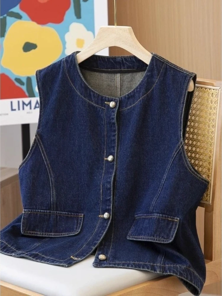 

Sleeveless Denim Knitted Vest for Women Harajuku Vintage O-neck Blue Coat 2025 Spring New Single Breasted Tops Mujer