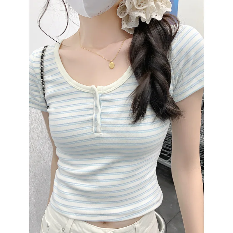 2026 Summer T Shirt Women Y2K Striped Short-Sleeved T-Shirt V-Neck Slim Fit Sexy Korean Fashion Student Tee Shirt Woman Clothes
