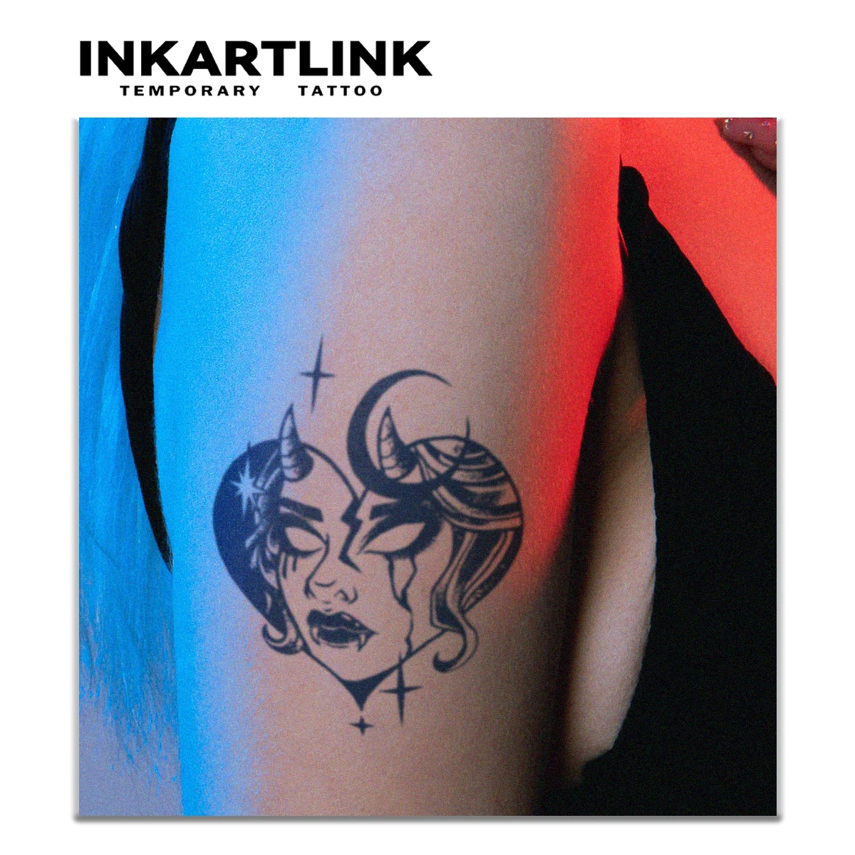 INKARTLINK Herbal Edgy Heart Devil Horns Moon Tattoo Sticker for Emotional Expression, Independent Style & Bold Daily Statements