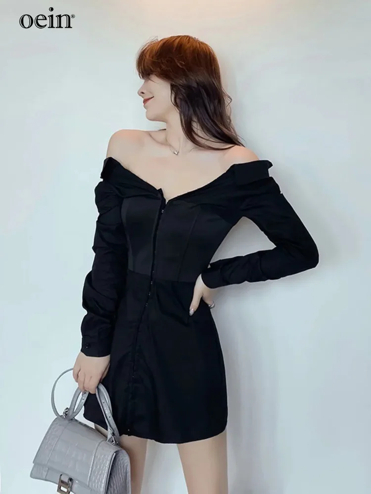 [oein]Off Shoulder Waist Sealing Fishbone Dress Long Sleeve Tunneled White Shirt Single Row Hook Button Cardigan Top