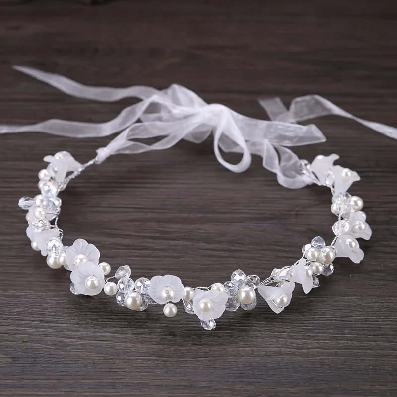 Crystal Pearl Flower Hair Vine Band Headband Tiara For Women Bride Girl Rhinestone Wedding Bridal Hair Accessories Jewelry Vine