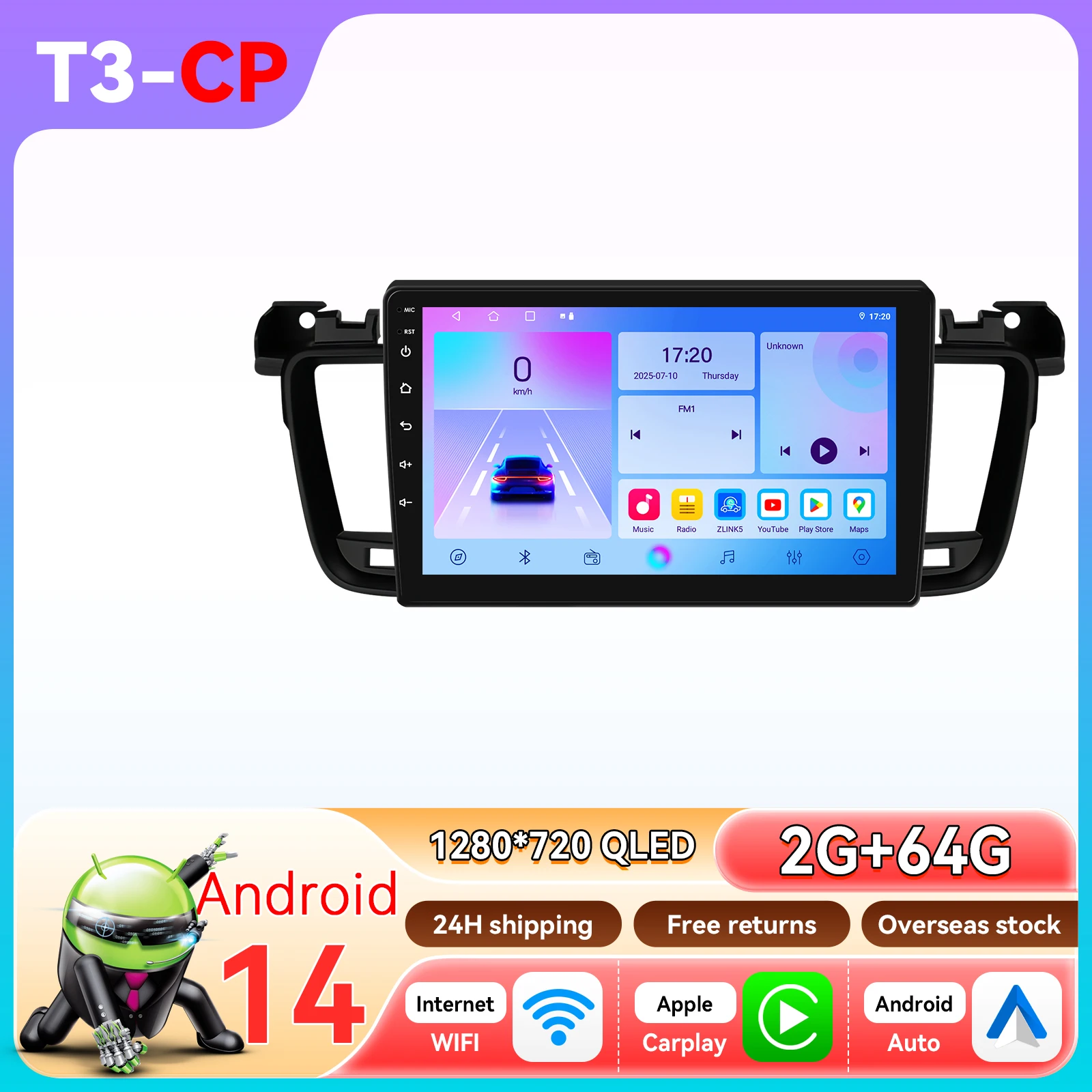 Hizpo 9'' 8 Core 2 Din Android 14 autoradio voor Peugeot 508 2011 - 2018 stereospeler videonavigatie draadloze CarPlay Auto WIFI + 4G