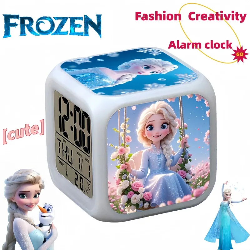 Reloj despertador Frozen Elsa y Anna, bonito reloj despertador de dibujos animados a la moda, creativo, colorido, luz nocturna brillante, alarma para estudiante, regalo de cumpleaños para niña