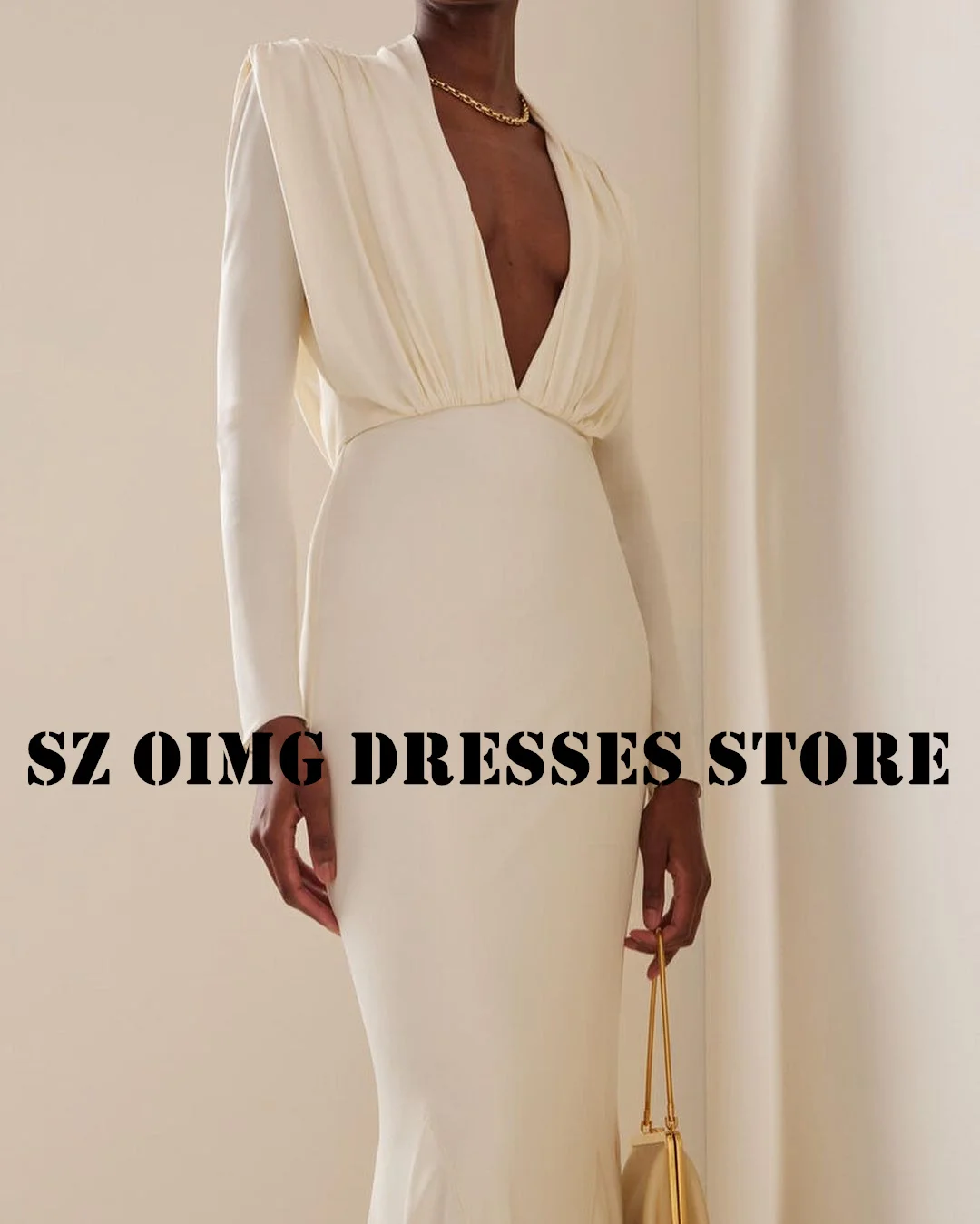 

OIMG New Design Deep V-Neck Ivory Prom Dresses Arabic Women Long Sleeves Charmed Ruched Evening Gowns Formal Party Dress