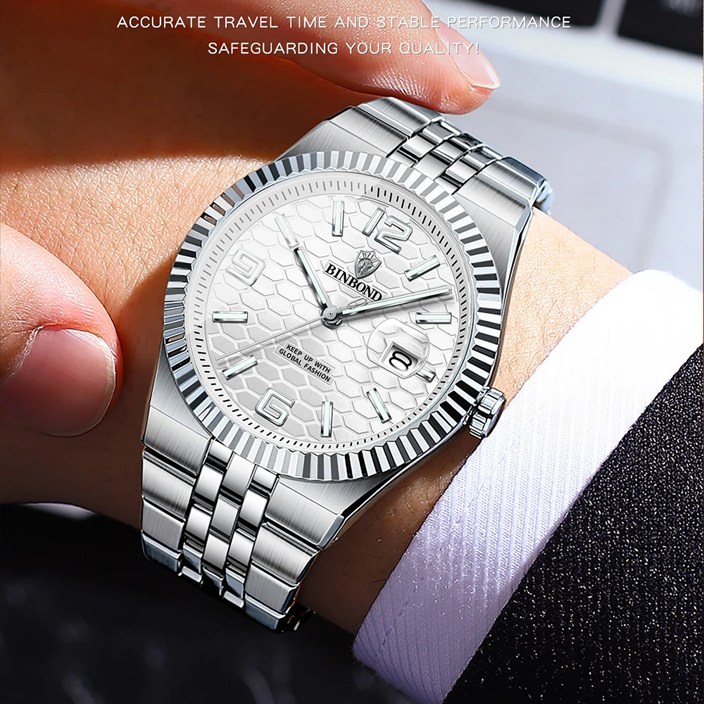 

BINBOND мужские часы B8181 деловая мода оригинальные кварцевые часы для мужчин текстурированный циферблат с резьбовым безелем водостойкая светящаяся дата