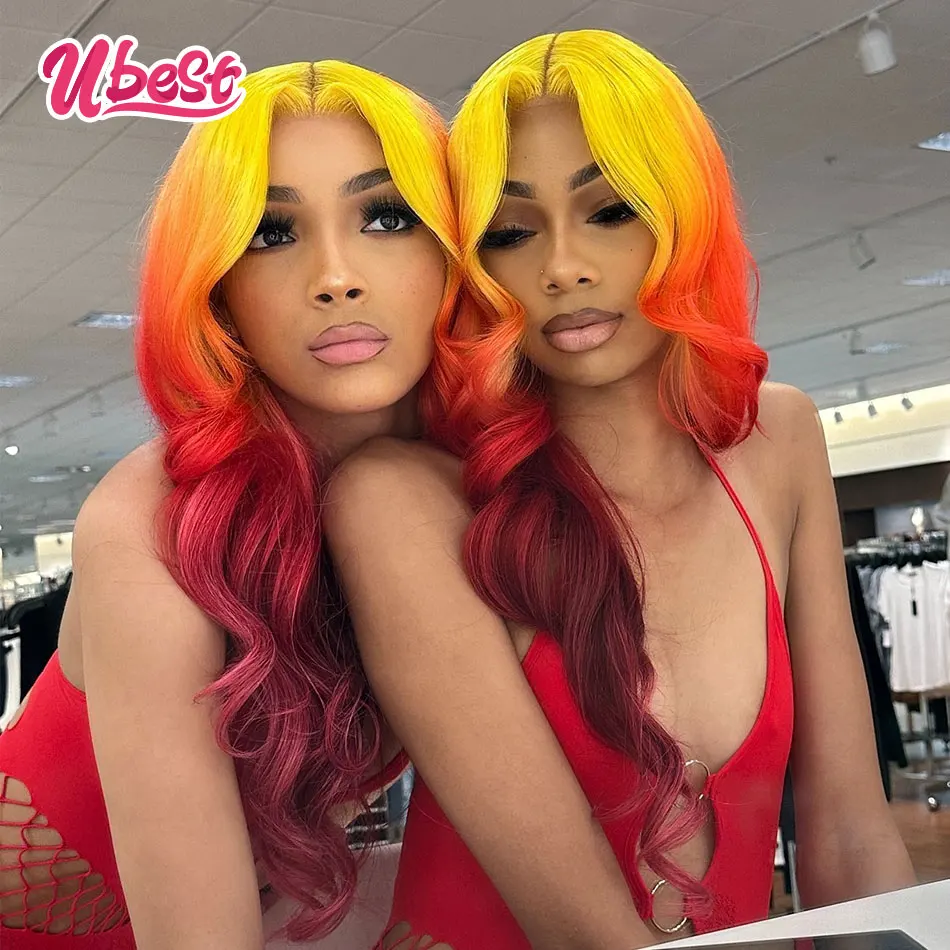 Ombre Yellow Red Colored 13X6 Body Wave Transparent Lace Front Wigs 100％ Human Hair 200％ Density Brazilian Hair Remy Hair Wig