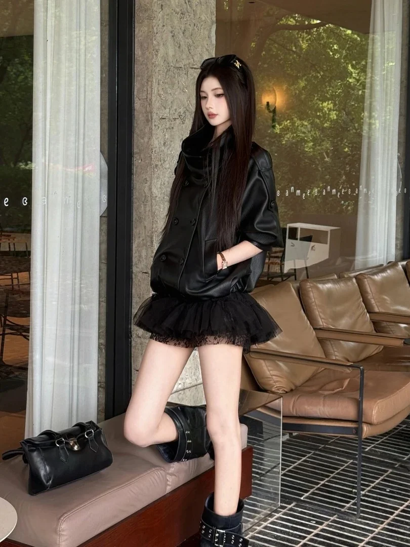 plus Size Women's Vintage Korean Style Short Leather Jacket Slimming Waistcoat Autumn New Fashion Flip Collar Buxom Top