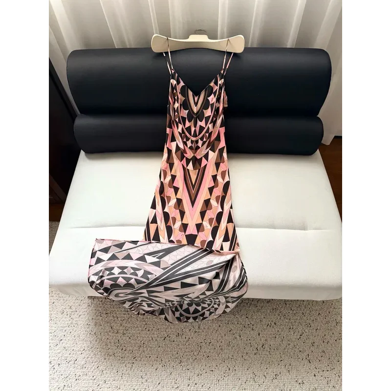 2026 Women V-neck Pink And Coffee Geometric Pattern Suspender Silk Slit Long Dress
