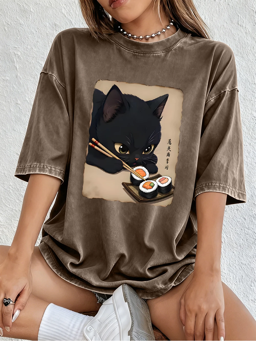 

Cute Cat Enjoying Sushi Printing Washed T Shirts Women Cotton T-Shirt Sport Summer Clothing Oversized Hip Hop Short Sleeves