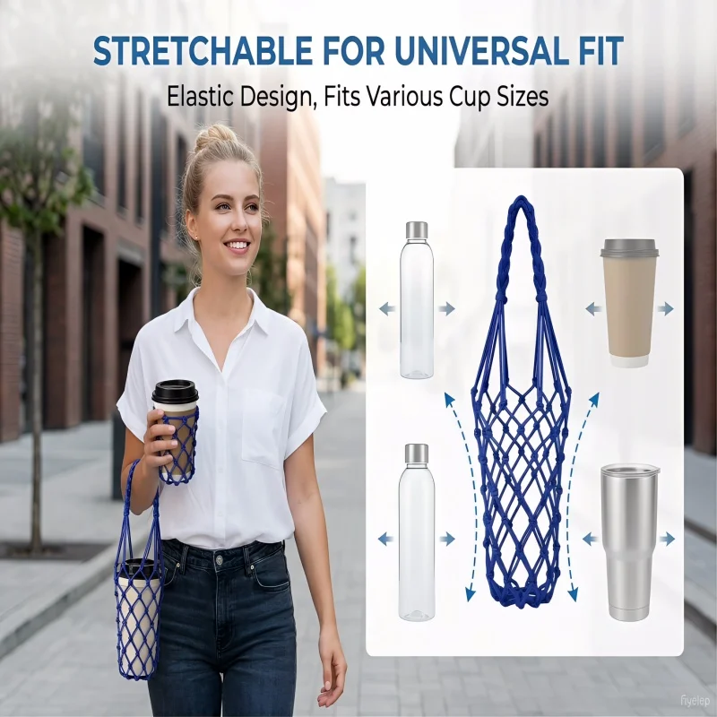 

Reusable Hand Woven Mesh Cup Bag Hollow Out Portable Coffee Cup Holder Storage Bag High-Quality Stretchable Fabric Compact Ready