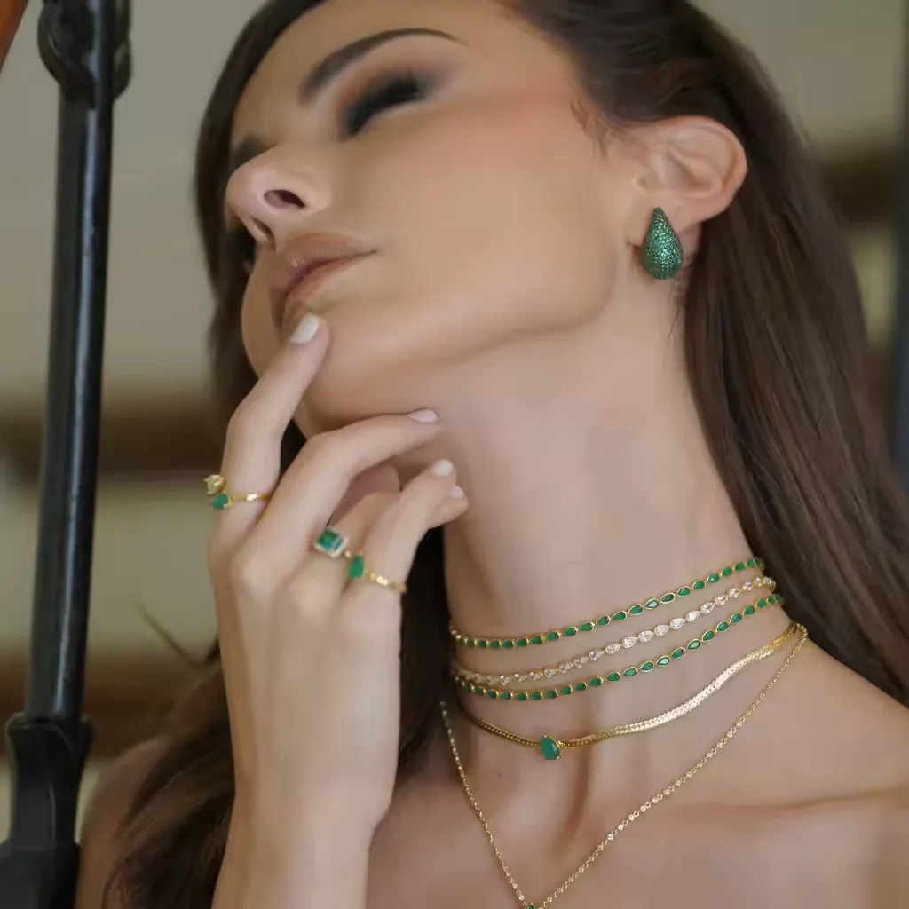 White Green Tear Drop Cubic Zirconia Bezel Set Tennis Chain Gold Color Fashion Women Choker Necklace