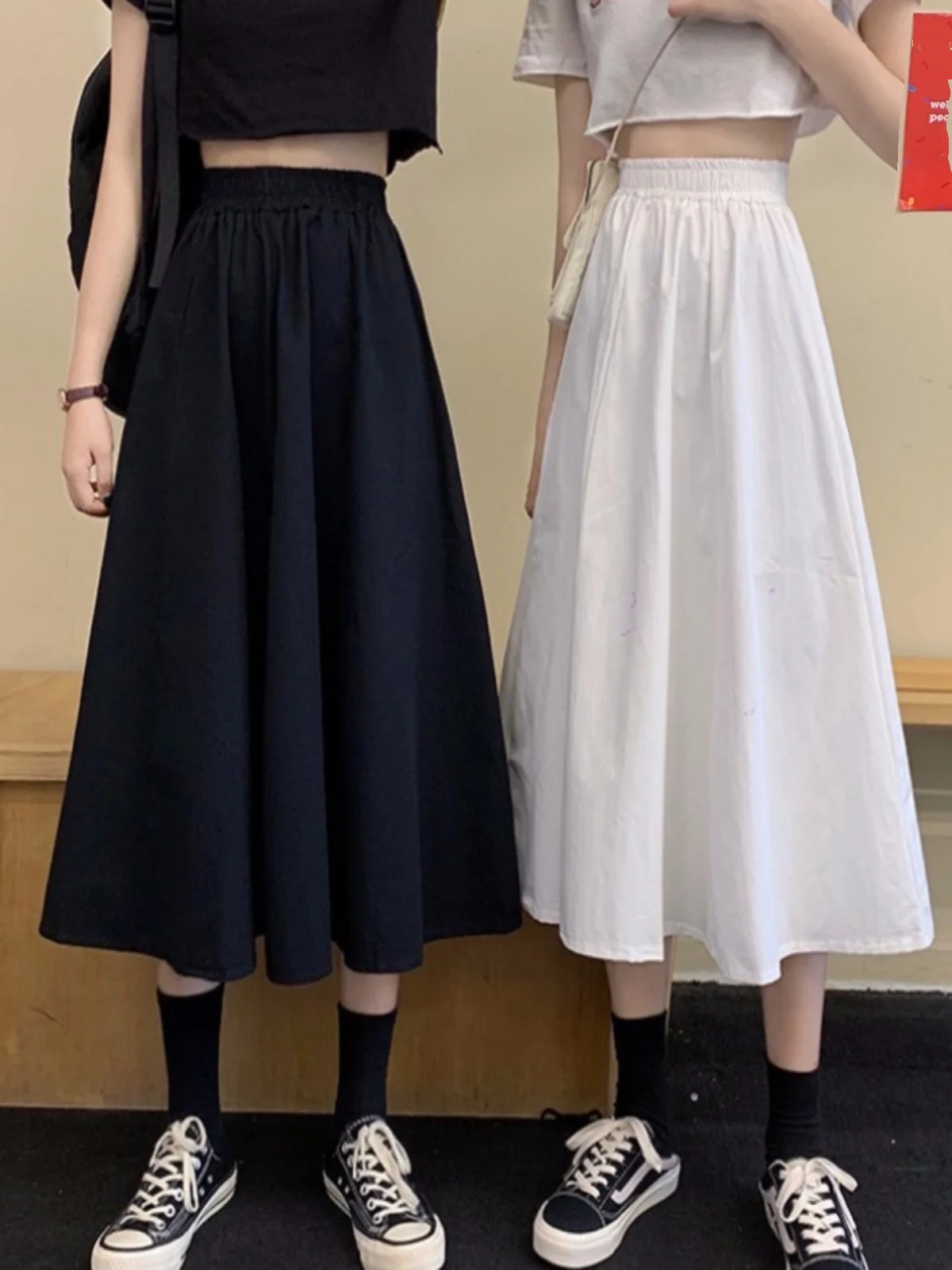 

Korean Sle Elastic Waist Color Midi Skirt Women's Summer New Slimming Versatile Drapey A-Line Skirt High Waist